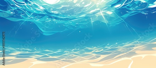 Underwater view showcasing an endless sandy seabed with crystal clear blue water and gentle wave patterns above photo