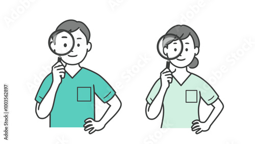 虫眼鏡を持つ歯科医男女の上半身イラスト