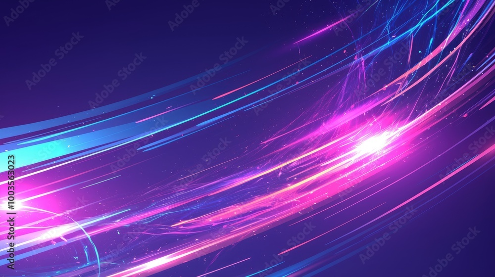 Abstract neon colored technological banner featuring curved metal stripes illuminated by laser beams set against a backdrop of overlapping wavy shapes with glare and glow Vector design Abstract neon colored technological banner featuring curved metal stripes illuminated by laser beams set against a backdrop of overlapping wavy shapes with glare and glow Vector design