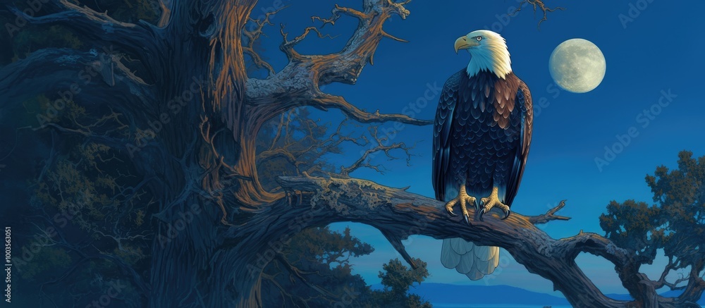 Fototapeta premium Bald eagle perched in a tree with a moonlit background