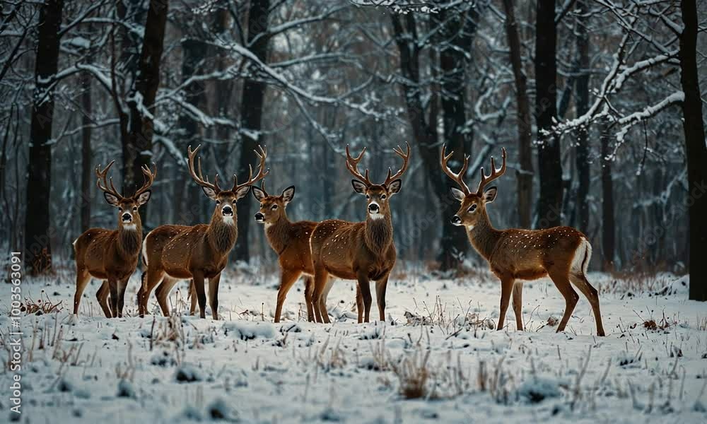 Noble deer family in winter snow forest. Artistic winter Christmas landscape Noble deer family in winter snow forest. Artistic winter Christmas landscape
