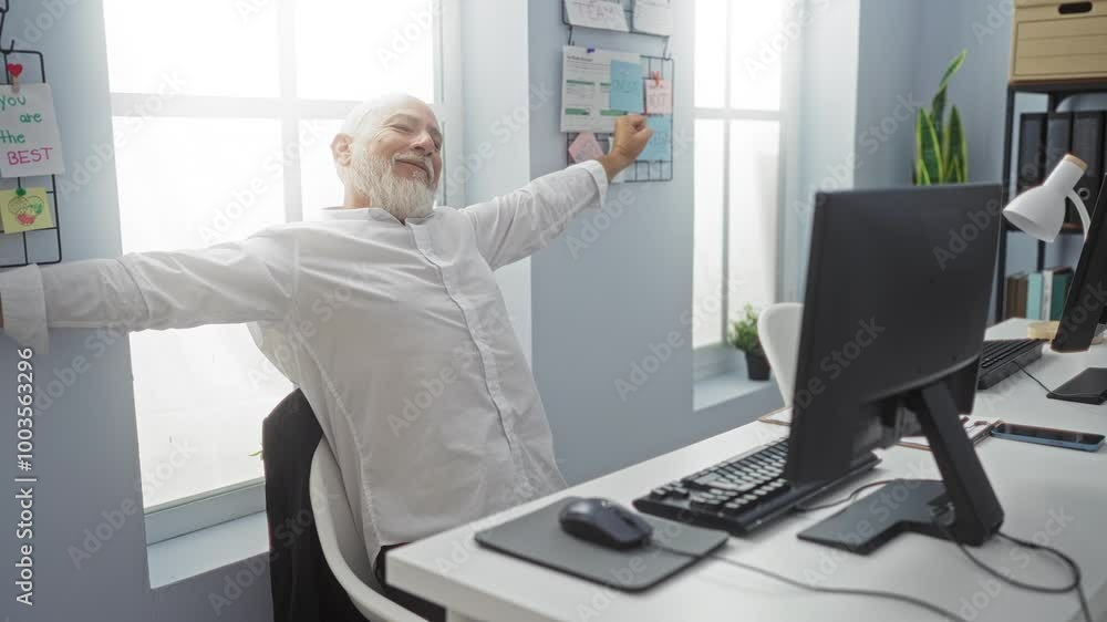 Man stretches at office desk with computer in bright room, feeling relaxed Man stretches at office desk with computer in bright room, feeling relaxed