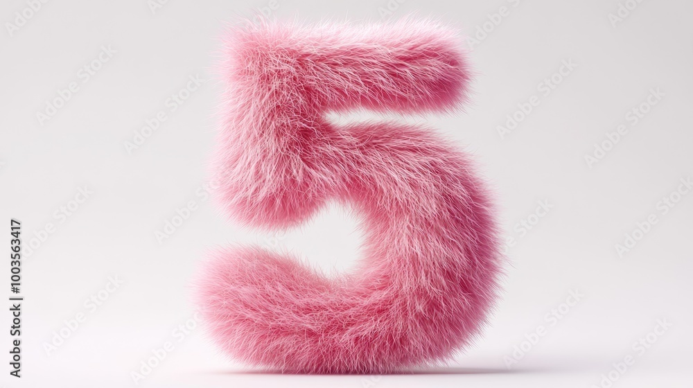 Adorable pink number five resembling fur featuring short hair against a white background in a whimsical 3D illusion style Adorable pink number five resembling fur featuring short hair against a white background in a whimsical 3D illusion style