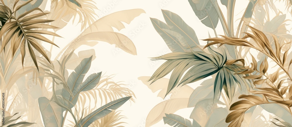 Tropical palm leaves artwork featuring beige foliage against a light backdrop suitable for mural or wallpaper printing Tropical palm leaves artwork featuring beige foliage against a light backdrop suitable for mural or wallpaper printing