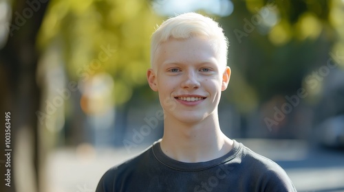 Albino Young Man Outdoors, Confident Smile, Daylight Portrait, Diverse Representation for Inclusive Design, Print or Poster photo