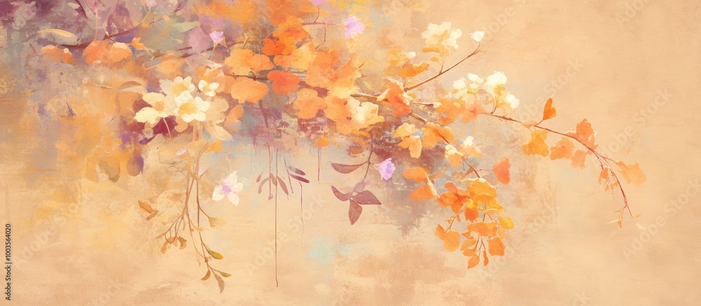 Naklejka premium Watercolor flower branch painting featuring vibrant colors on a textured backdrop ideal for interior photo wallpaper