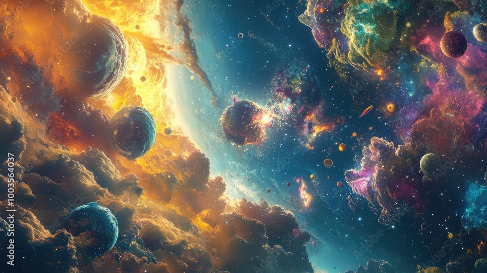 Fototapeta premium Child s Imaginative Journey Through Vibrant Space Worlds of Abundance and Wealth