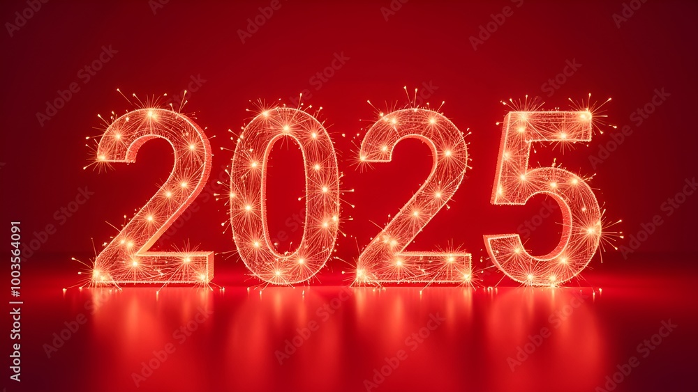 numbers 2025 in New Year's style, fireworks from numbers, New Year holiday, red background numbers 2025 in New Year's style, fireworks from numbers, New Year holiday, red background