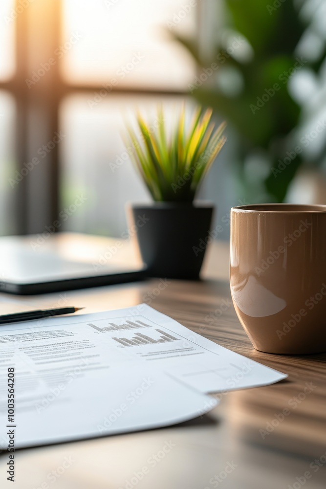 A warm and inviting workspace features a coffee mug, documents with graphs, and a small potted plant, ideal for illustrating work, productivity, or a cozy office environment A warm and inviting workspace features a coffee mug, documents with graphs, and a small potted plant, ideal for illustrating work, productivity, or a cozy office environment