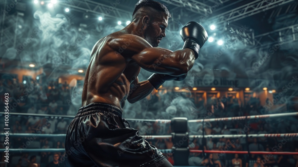 Intense Boxer Readying for Punch in Atmospheric Ring Intense Boxer Readying for Punch in Atmospheric Ring