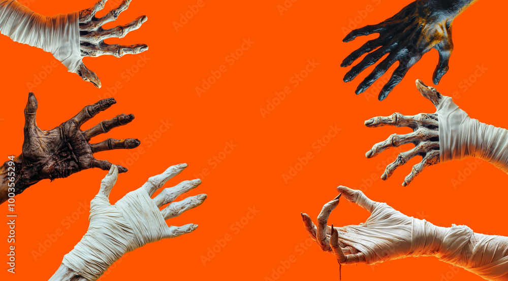 Fototapeta premium Scary hands of monsters on an orange background, created with Generative AI technology.