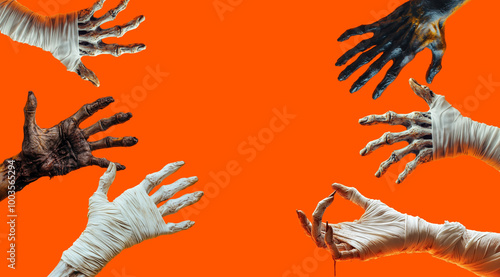 Scary hands of monsters on an orange background, created with Generative AI technology. photo