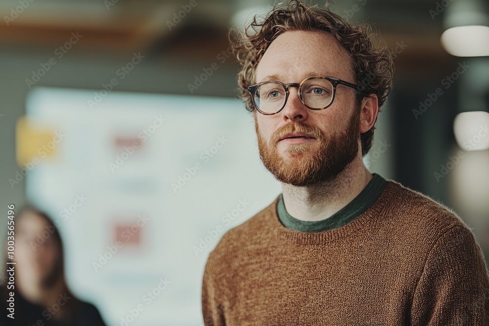 Young creative director presenting a project to clients, using a laptop and showing slides on a screen, Generative AI Young creative director presenting a project to clients, using a laptop and showing slides on a screen, Generative AI