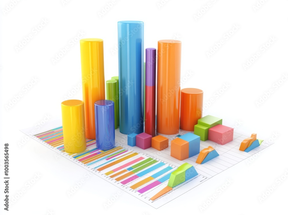 3D rendering of financial charts with bar graphs and pie charts on a white background, in colorful styles. 3D rendering of financial charts with bar graphs and pie charts on a white background, in colorful styles.