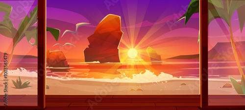 Sunset sky and sea beach view from terrace vector. Summer island horizon with tropic palm tree in evening. Sundown in heaven landscape from balcony window. Vacation in beautiful paradise house