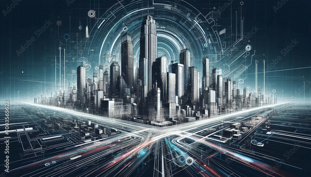 A detailed and futuristic grayscale city with blue highlights, intricate architectural details, and technology-driven design A detailed and futuristic grayscale city with blue highlights, intricate architectural details, and technology-driven design