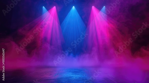 Enigmatic Stage with Vibrant Pink and Blue Lights in Smoke