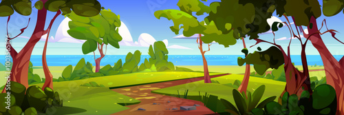 Summer scenery with lake and forest trees. Vector cartoon illustration of sunny park with footpath between green trees and bushes, blue water sparkling in sun, fluffy clouds in sky, natural background