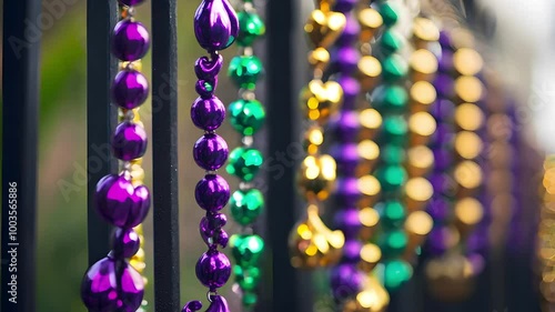 Colorful beads hang in vibrant hues of purple, green, and gold, creating a festive and cheerful atmosphere perfect for celebrations and parades