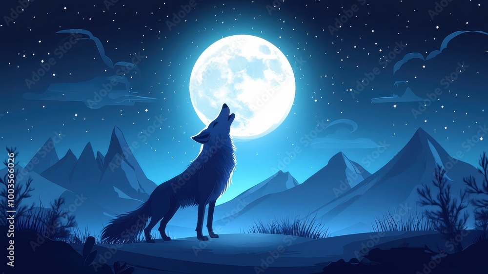 A wolf howling at the moon under a starry night sky with mountains. A wolf howling at the moon under a starry night sky with mountains.