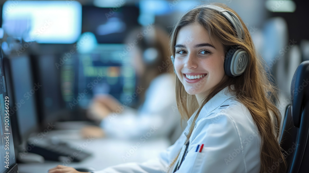 smiling young female air traffic controller working in control tower at airport, woman working, girl, flight control, airplane, control panel, professional, job, worker, screens, technology, operator smiling young female air traffic controller working in control tower at airport, woman working, girl, flight control, airplane, control panel, professional, job, worker, screens, technology, operator