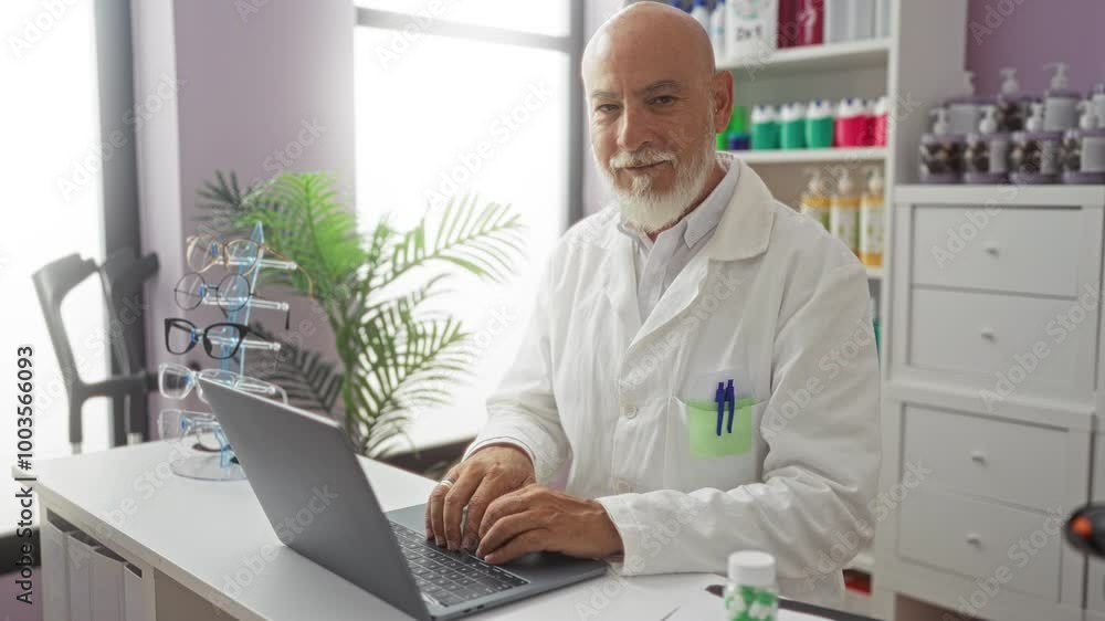Mature man working on a laptop in a pharmacy with shelves of colorful products and glasses display Mature man working on a laptop in a pharmacy with shelves of colorful products and glasses display