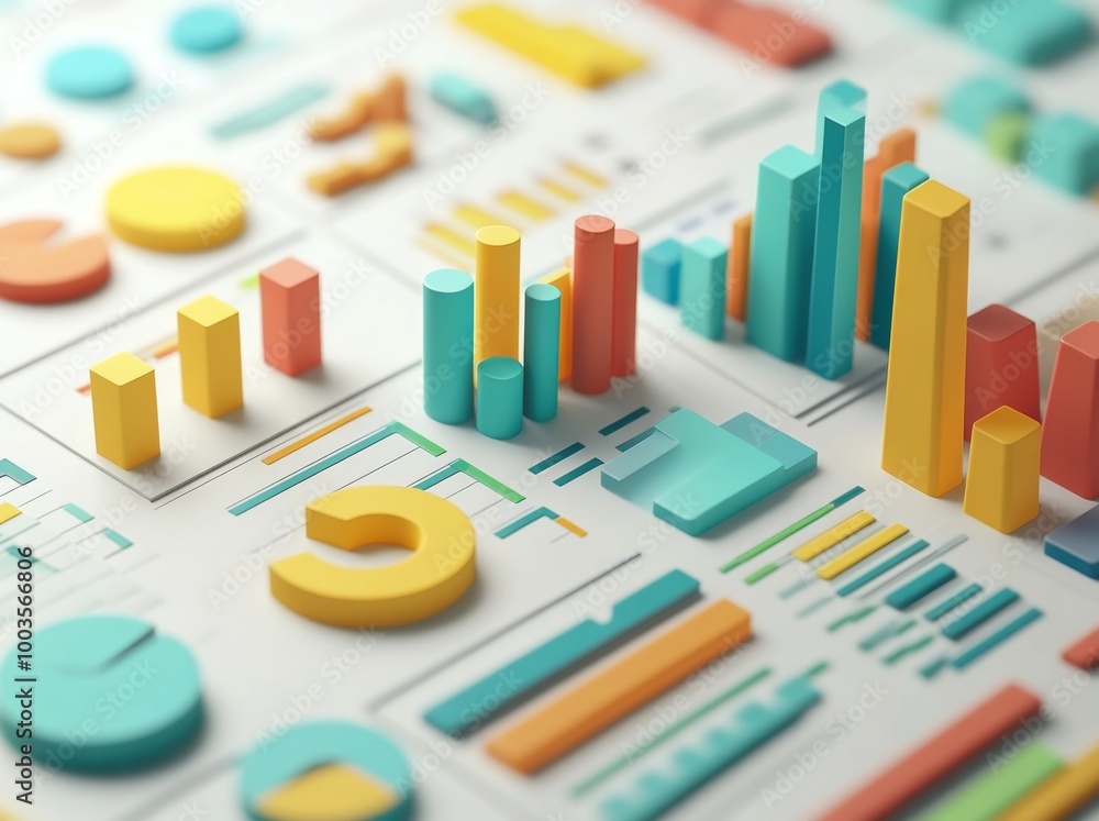 3D rendering of financial charts with bar graphs and pie charts on a white background, in colorful styles. 3D rendering of financial charts with bar graphs and pie charts on a white background, in colorful styles.