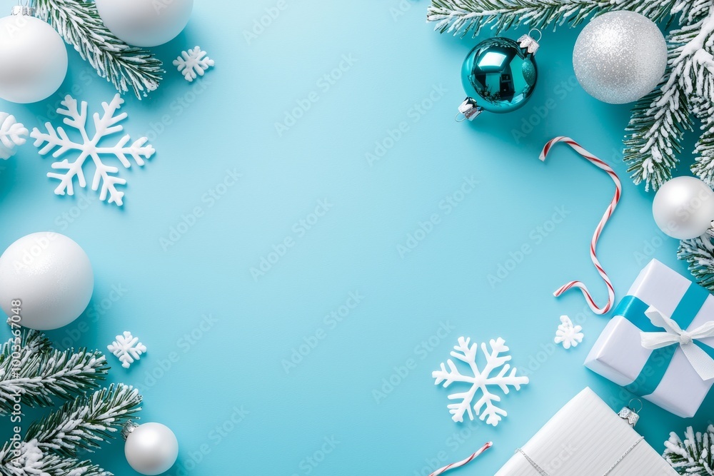 Christmas background concept. Top view of a Christmas ball with snowflakes on a light blue pastel background. Christmas background concept. Top view of a Christmas ball with snowflakes on a light blue pastel background.