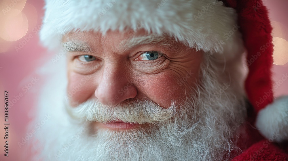 close shot of santa clauss side face, soft pink background, white hair and red hat, subtle glow, festive and gentle composition. close shot of santa clauss side face, soft pink background, white hair and red hat, subtle glow, festive and gentle composition.