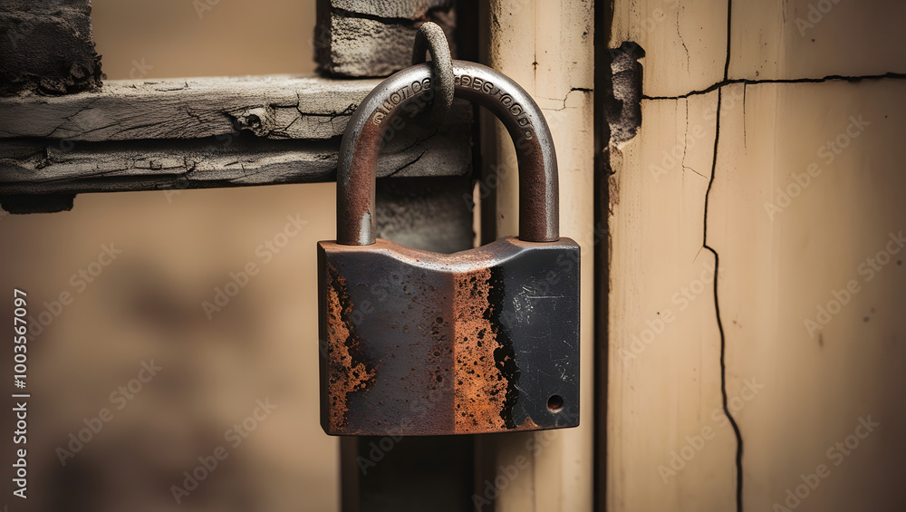 rusty padlock hanging on weathered wooden gate with fine rust details. rusty padlock hanging on weathered wooden gate with fine rust details.