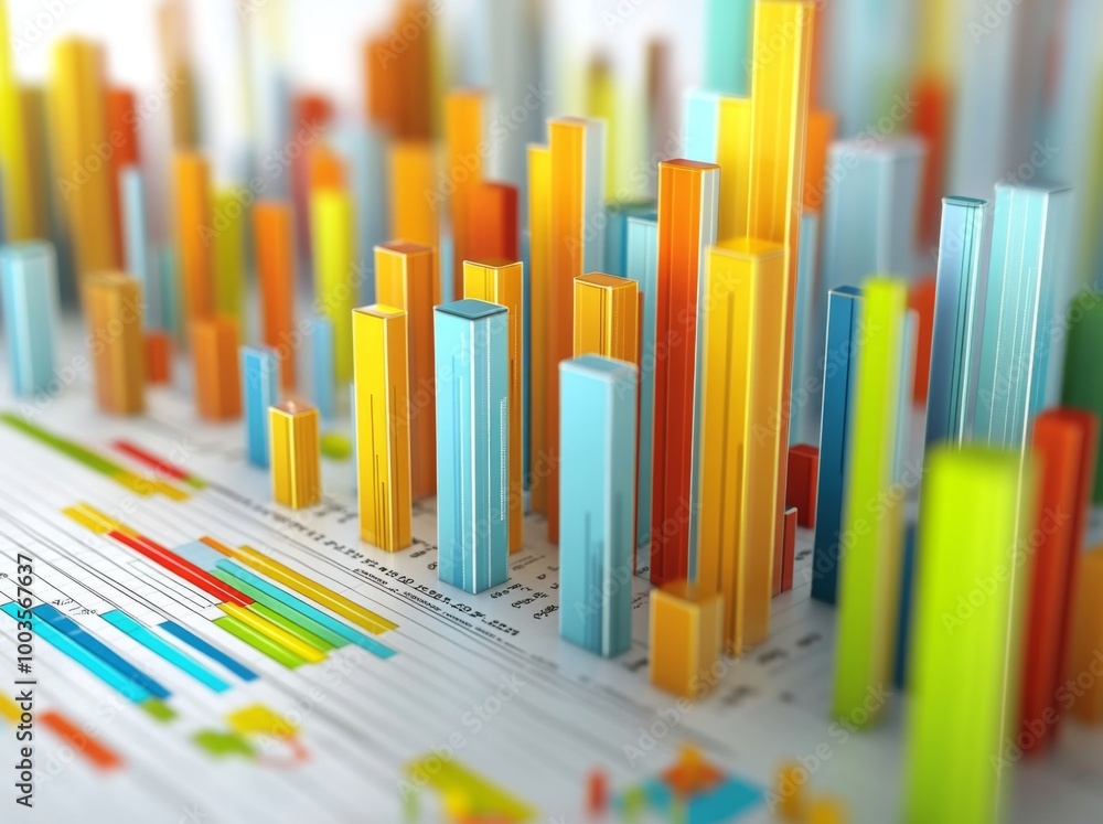 3D rendering of financial charts with bar graphs and pie charts on a white background, in colorful styles. 3D rendering of financial charts with bar graphs and pie charts on a white background, in colorful styles.