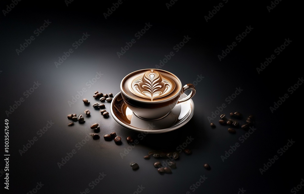 A cup of coffee with latte art sits on a saucer surrounded by coffee beans against a dark backdrop. A cup of coffee with latte art sits on a saucer surrounded by coffee beans against a dark backdrop.