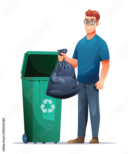 Person wearing glasses holding a garbage bag beside a recycling bin. Vector cartoon illustration