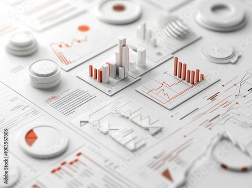 3D rendering of financial charts with bar graphs and pie charts on a white background, in colorful styles. 