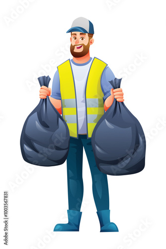 Worker with hat and safety vest holding garbage bags near a recycling bin. Vector cartoon illustration