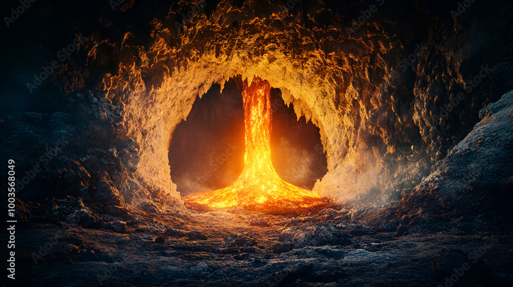 Fototapeta premium Raster illustration of beautiful cave in the rock. Hot cave due to magma and volcano, volcanic eruption, portal to the underworld, deep dungeon, descent to hell, throne. 3D rendering artwork creative