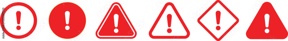 Red Caution, danger and warning signs icons set vector. Exclamation marks. Attention alert or error massage Red Caution, danger and warning signs icons set vector. Exclamation marks. Attention alert or error massage