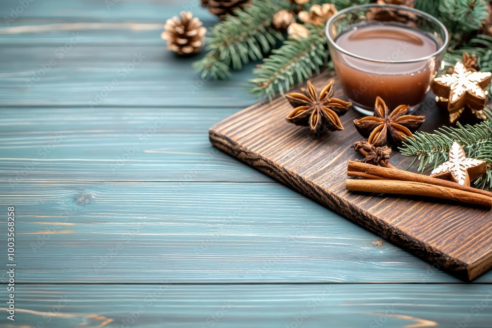 A holiday drink with orange, spice, and bourbon whiskey, placed in two glasses on a wooden background with festive tree branches and decor. A holiday drink with orange, spice, and bourbon whiskey, placed in two glasses on a wooden background with festive tree branches and decor.