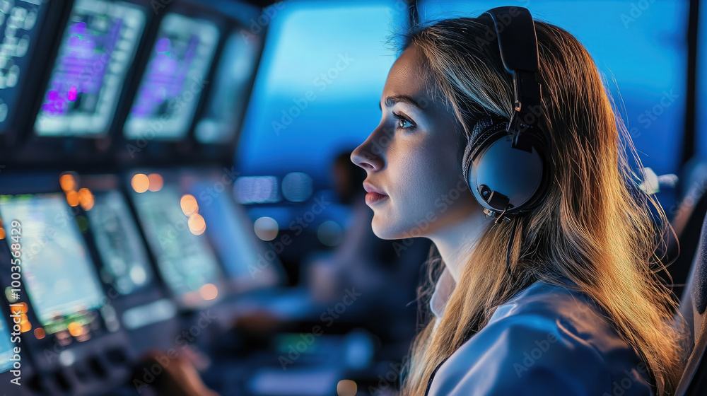 smiling young female air traffic controller working in control tower at airport, woman working, girl, flight control, airplane, control panel, professional, job, worker, screens, technology, operator smiling young female air traffic controller working in control tower at airport, woman working, girl, flight control, airplane, control panel, professional, job, worker, screens, technology, operator
