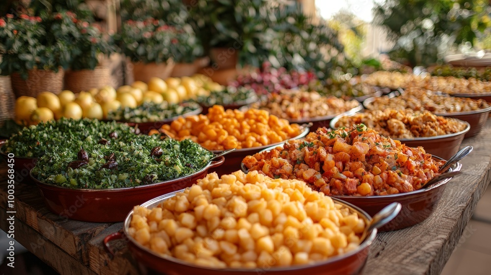 A vibrant display of various colorful dishes at a market stall, showcasing fresh ingredients. A vibrant display of various colorful dishes at a market stall, showcasing fresh ingredients.