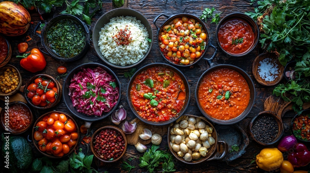 A vibrant display of various dishes and ingredients, showcasing colorful food preparation. A vibrant display of various dishes and ingredients, showcasing colorful food preparation.