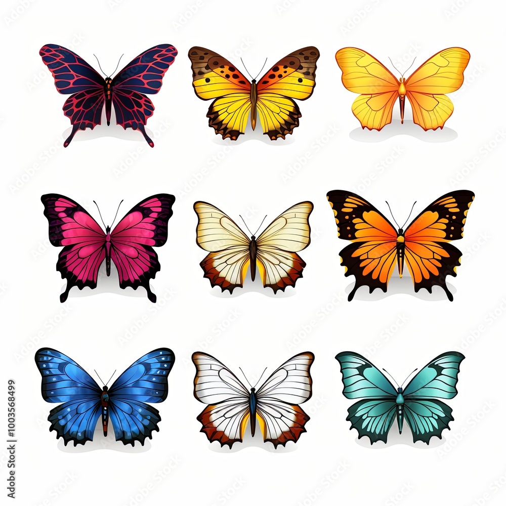 Set of beautiful exotic butterflies with colorful wings on white background. Set of beautiful exotic butterflies with colorful wings on white background.