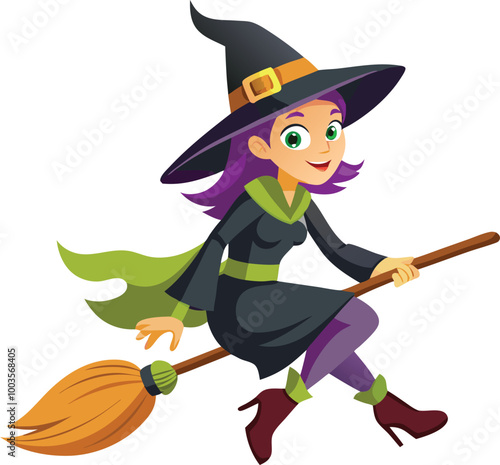 halloween witch with broom,, halloween vector illustration