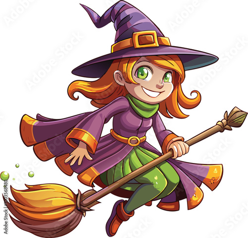 halloween witch with broom, halloween vector illustration
