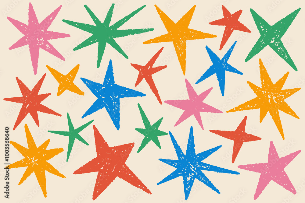 Star shapes set. Abstract random pencil and crayon kids drawing. Spiky geometric vector elements. Hand drawn rough edge sparkles set on pastel background Star shapes set. Abstract random pencil and crayon kids drawing. Spiky geometric vector elements. Hand drawn rough edge sparkles set on pastel background