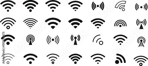 WIFI signal collection. Wireless internet symbol. Set of sign for connect of network. Bar of satellites for mobile, radio, computer. Hotspot, strength electronic wave from antenna for communication. V