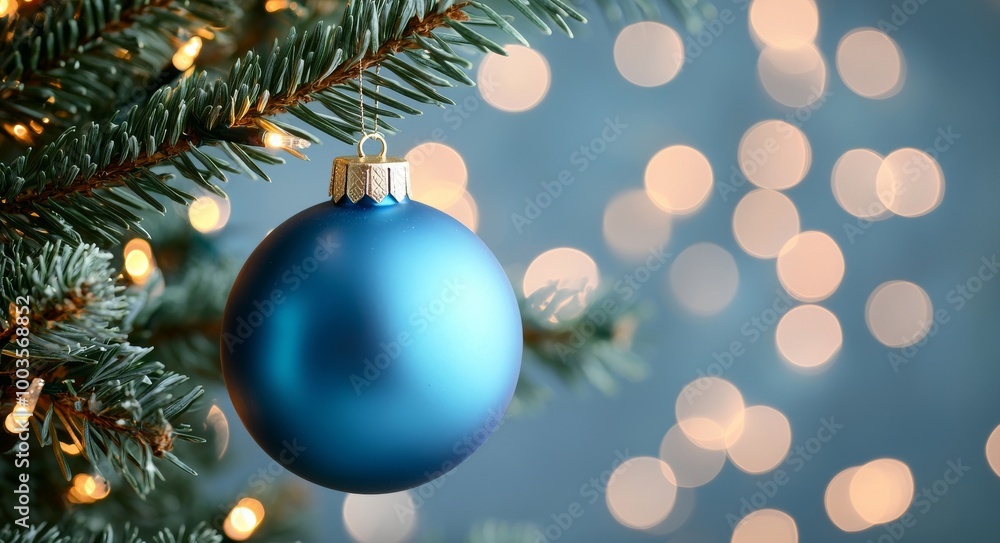 A blue Christmas ball hangs from a branch on a spruce tree outdoors in the winter, surrounded by decorations. A blue Christmas ball hangs from a branch on a spruce tree outdoors in the winter, surrounded by decorations.