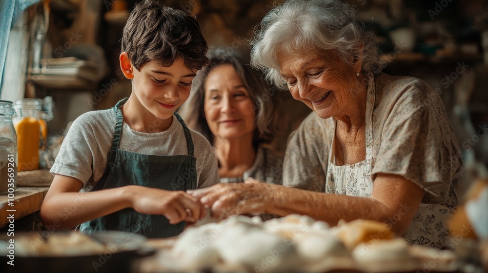 grandson helping old grandmother to bake something while mother watches the grandson and his grandmother smiling grandson helping old grandmother to bake something while mother watches the grandson and his grandmother smiling