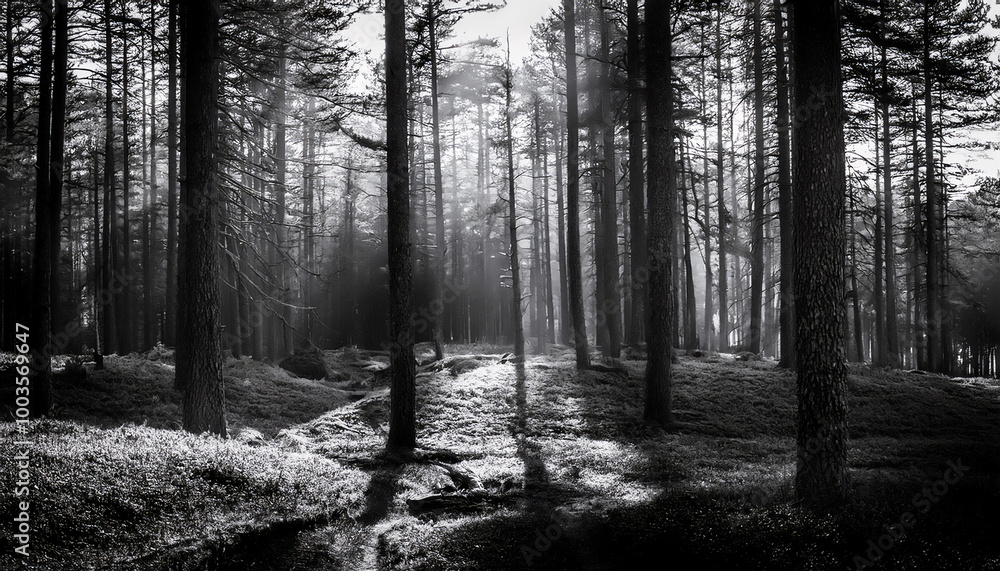 Fototapeta premium A serene forest scene in black and white, where tall trees, unrefined in their beauty, depend on the interplay of light.
