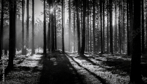 A serene forest scene in black and white, where tall trees, unrefined in their beauty, depend on the interplay of light.